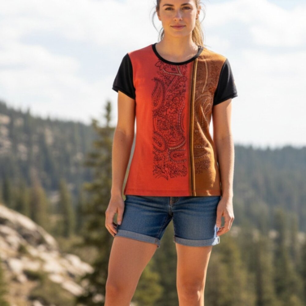 Mountain Hardwear Womens Small Paisley Graphic T-Shirt Orange Black Made in USA